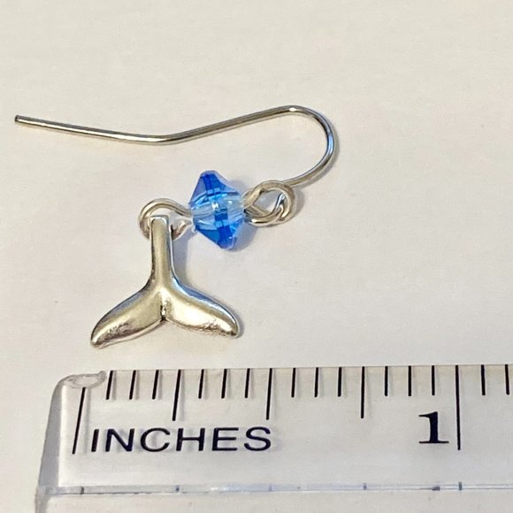 Silver Mermaid Whale Tail Earrings Blue Bead Plated Dangle Dainty Nautical - Picture 11 of 12